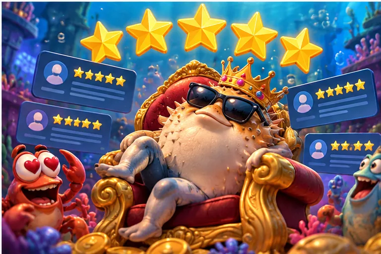 Pufferfish king surrounded by five-star Spinbob reviews