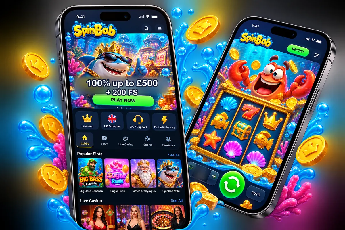 Spinbob mobile casino lobby and slot game on two smartphones
